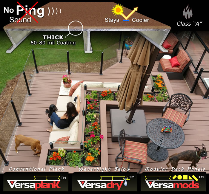 Versadeck Decking is aluminum decking with a thick comfort coating combined with the versatility of three combine-able systems. Plank, Waterproof Decking and Modular Panels